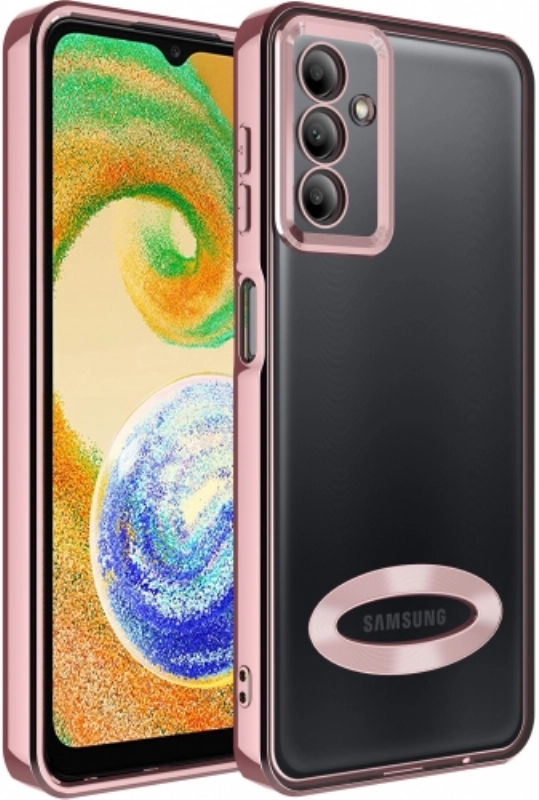 Samsung Galaxy A04s Kılıf Kamera Lens Korumalı Şeffaf Renkli Logo Gösteren Parlak Kapak - Rose Gold