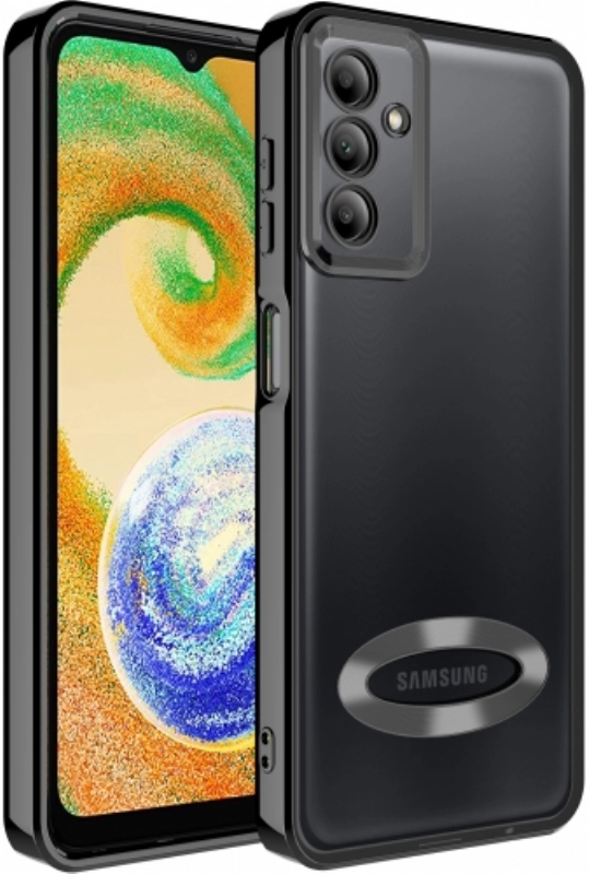 Samsung Galaxy A04s Kılıf Kamera Lens Korumalı Şeffaf Renkli Logo Gösteren Parlak Kapak - Siyah