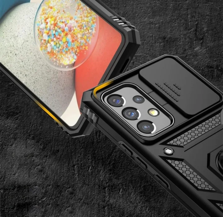 Samsung Galaxy A04s Kılıf Zırhlı Standlı Sürgülü Lens Korumalı Pars Kapak - Gri
