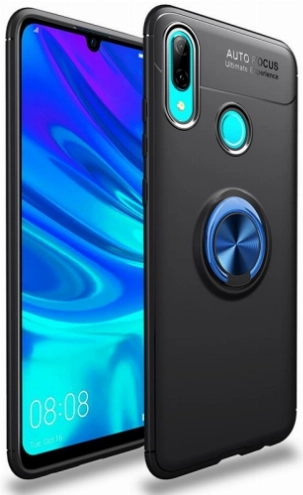 Samsung Galaxy A10 Kılıf Renkli Silikon Yüzüklü Standlı Auto Focus Ravel Kapak - Mavi - Siyah