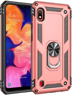 Samsung Galaxy A10 Kılıf Silikon Zırhlı Standlı Yüzüklü Mıknatıslı Tank Kapak - Rose Gold