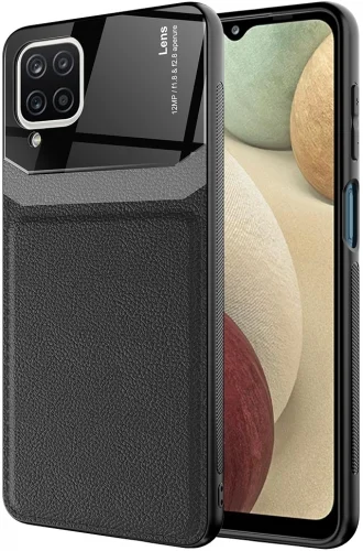 Samsung Galaxy A12 Kılıf Deri Görünümlü Emiks Kapak - Siyah