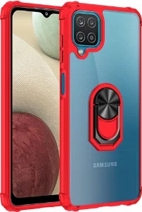 Samsung Galaxy A12 Kılıf Standlı Arkası Şeffaf Kenarları Airbag Kapak - Kırmızı