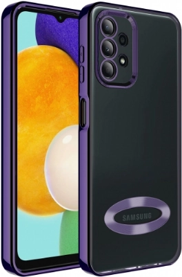 Samsung Galaxy A13 4G Kılıf Kamera Lens Korumalı Şeffaf Renkli Logo Gösteren Parlak Kapak - Koyu Mor