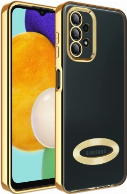 Samsung Galaxy A13 4G Kılıf Kamera Lens Korumalı Şeffaf Renkli Logo Gösteren Parlak Kapak - Gold