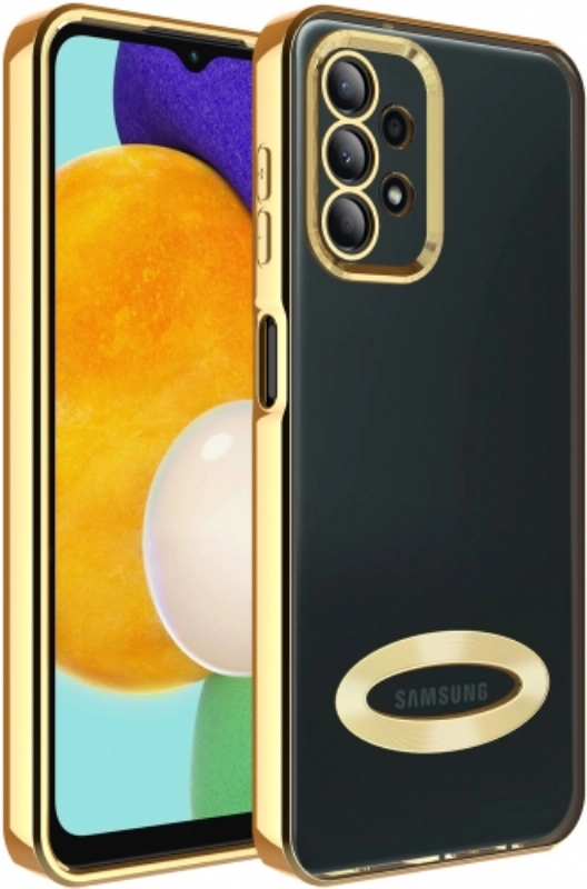 Samsung Galaxy A13 4G Kılıf Kamera Lens Korumalı Şeffaf Renkli Logo Gösteren Parlak Kapak - Gold