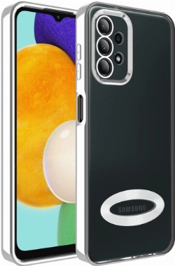 Samsung Galaxy A13 4G Kılıf Kamera Lens Korumalı Şeffaf Renkli Logo Gösteren Parlak Kapak - Gümüş