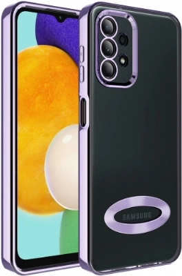 Samsung Galaxy A13 4G Kılıf Kamera Lens Korumalı Şeffaf Renkli Logo Gösteren Parlak Kapak - Lila