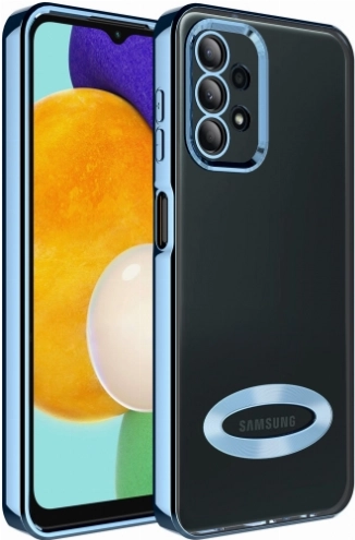 Samsung Galaxy A13 4G Kılıf Kamera Lens Korumalı Şeffaf Renkli Logo Gösteren Parlak Kapak - Mavi