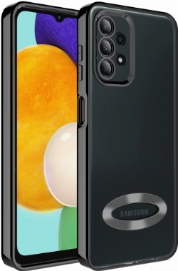 Samsung Galaxy A13 4G Kılıf Kamera Lens Korumalı Şeffaf Renkli Logo Gösteren Parlak Kapak - Siyah