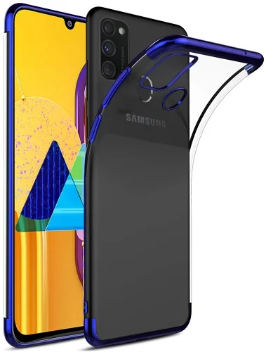 Samsung Galaxy A21s Kılıf Renkli Köşeli Lazer Şeffaf Esnek Silikon - Mavi