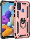 Samsung Galaxy A21s Kılıf Silikon Zırhlı Standlı Yüzüklü Mıknatıslı Tank Kapak - Rose Gold