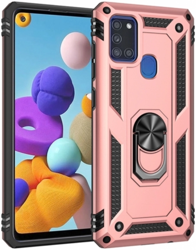 Samsung Galaxy A21s Kılıf Silikon Zırhlı Standlı Yüzüklü Mıknatıslı Tank Kapak - Rose Gold