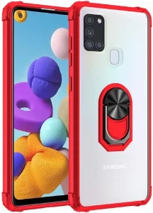 Samsung Galaxy A21s Kılıf Standlı Arkası Şeffaf Kenarları Airbag Kapak - Kırmızı