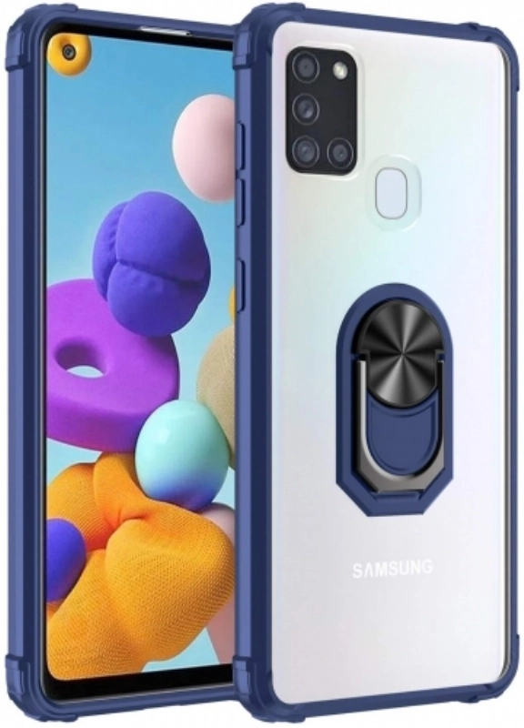 Samsung Galaxy A21s Kılıf Standlı Arkası Şeffaf Kenarları Airbag Kapak - Lacivert