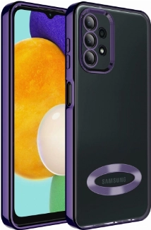 Samsung Galaxy A23 Kılıf Kamera Lens Korumalı Şeffaf Renkli Logo Gösteren Parlak Kapak - Koyu Mor