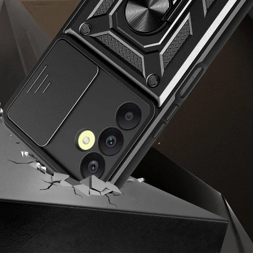 Samsung Galaxy A25 Kılıf Zırhlı Standlı Silikon Sürgülü Kamera Korumalı Tank Kapak - Siyah