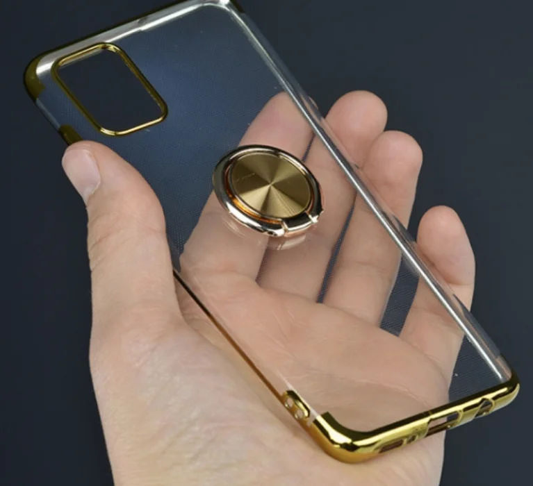 Samsung Galaxy A31 Kılıf Renkli Köşeli Yüzüklü Standlı Lazer Şeffaf Esnek Silikon - Gold