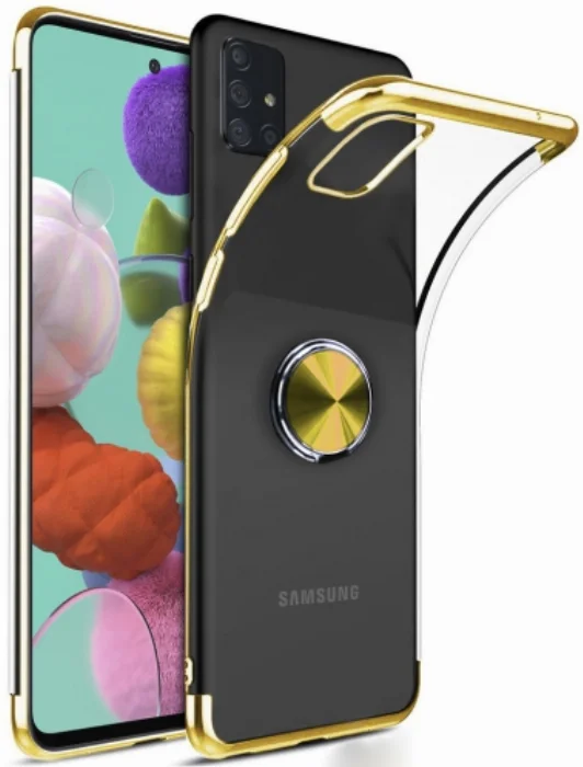 Samsung Galaxy A31 Kılıf Renkli Köşeli Yüzüklü Standlı Lazer Şeffaf Esnek Silikon - Gold