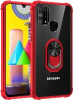 Samsung Galaxy A31 Kılıf Standlı Arkası Şeffaf Kenarları Airbag Kapak - Kırmızı