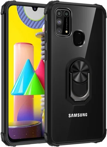 Samsung Galaxy A31 Kılıf Standlı Arkası Şeffaf Kenarları Airbag Kapak - Siyah
