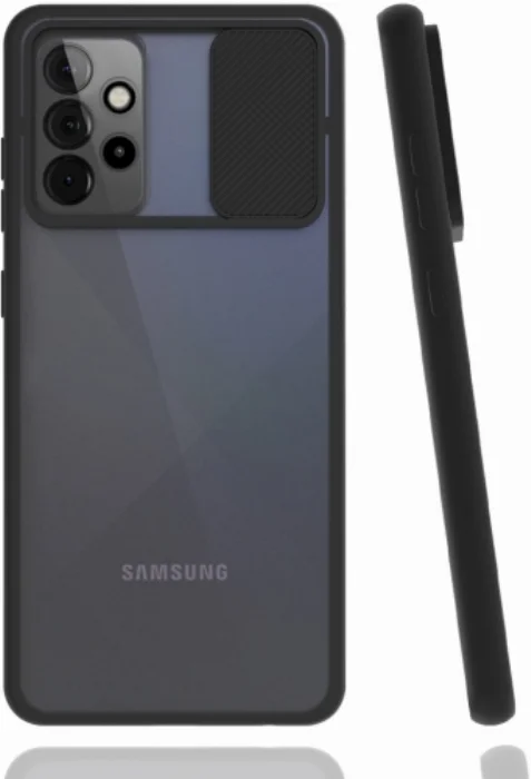Samsung Galaxy A32 Kılıf Silikon Sürgülü Lens Korumalı Buzlu Şeffaf - Siyah
