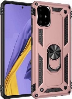 Samsung Galaxy A51 Kılıf Silikon Zırhlı Standlı Yüzüklü Mıknatıslı Tank Kapak - Rose Gold