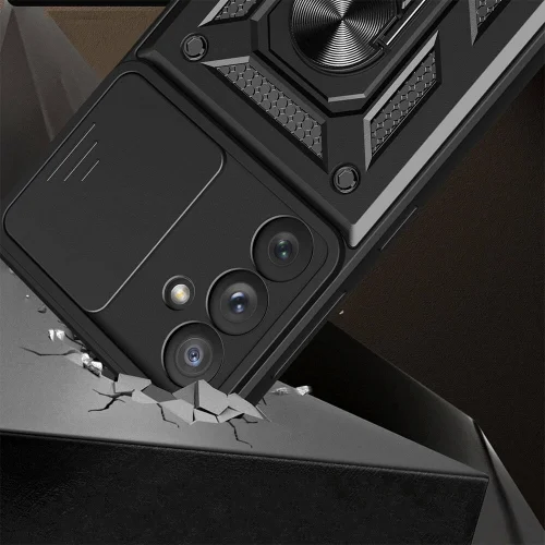 Samsung Galaxy A54 Kılıf Zırhlı Standlı Silikon Sürgülü Kamera Korumalı Tank Kapak - Siyah