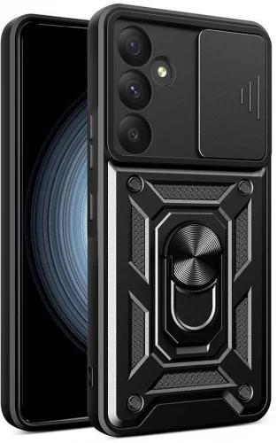 Samsung Galaxy A55 Kılıf Zırhlı Standlı Silikon Sürgülü Kamera Korumalı Tank Kapak - Siyah