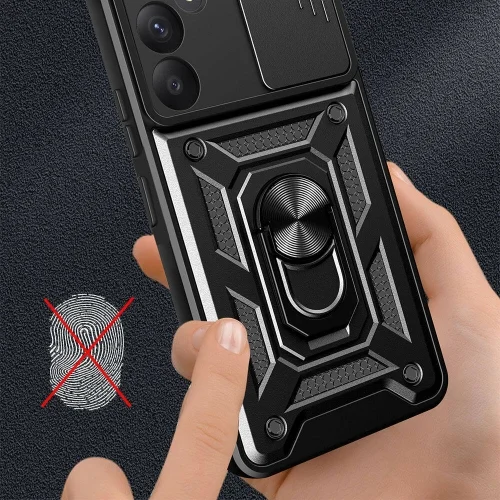 Samsung Galaxy A55 Kılıf Zırhlı Standlı Silikon Sürgülü Kamera Korumalı Tank Kapak - Siyah