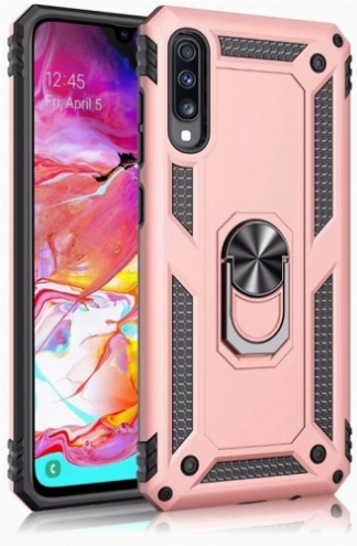 Samsung Galaxy A70 Kılıf Silikon Zırhlı Standlı Yüzüklü Mıknatıslı Tank Kapak - Rose Gold