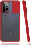 Samsung Galaxy A72 Kılıf Silikon Sürgülü Lens Korumalı Buzlu Şeffaf - Kırmızı