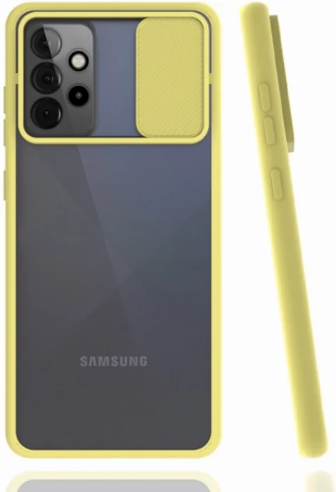 Samsung Galaxy A72 Kılıf Silikon Sürgülü Lens Korumalı Buzlu Şeffaf - Sarı