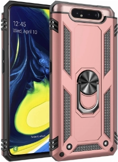 Samsung Galaxy A80 Kılıf Silikon Zırhlı Standlı Yüzüklü Mıknatıslı Tank Kapak - Rose Gold