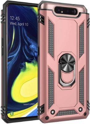 Samsung Galaxy A80 Kılıf Silikon Zırhlı Standlı Yüzüklü Mıknatıslı Tank Kapak - Rose Gold