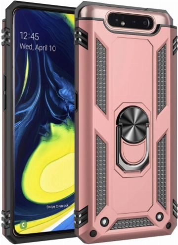 Samsung Galaxy A80 Kılıf Silikon Zırhlı Standlı Yüzüklü Mıknatıslı Tank Kapak - Rose Gold