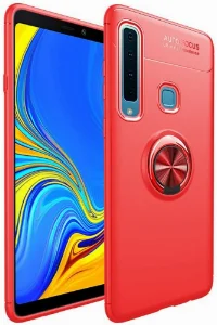 Samsung Galaxy A9 2018 Kılıf Renkli Silikon Yüzüklü Standlı Auto Focus Ravel Kapak - Kırmızı