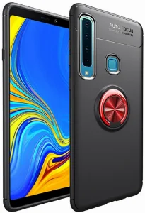 Samsung Galaxy A9 2018 Kılıf Renkli Silikon Yüzüklü Standlı Auto Focus Ravel Kapak - Kırmızı - Siyah
