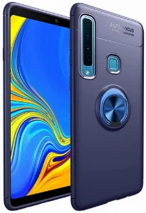 Samsung Galaxy A9 2018 Kılıf Renkli Silikon Yüzüklü Standlı Auto Focus Ravel Kapak - Mavi