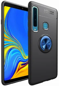 Samsung Galaxy A9 2018 Kılıf Renkli Silikon Yüzüklü Standlı Auto Focus Ravel Kapak - Mavi - Siyah