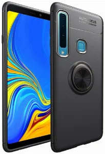 Samsung Galaxy A9 2018 Kılıf Renkli Silikon Yüzüklü Standlı Auto Focus Ravel Kapak - Siyah
