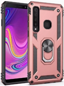 Samsung Galaxy A9 2018 Kılıf Silikon Zırhlı Standlı Yüzüklü Mıknatıslı Tank Kapak - Rose Gold