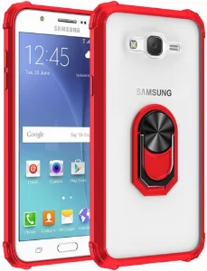 Samsung Galaxy J7 Kılıf Standlı Arkası Şeffaf Kenarları Airbag Kapak - Kırmızı