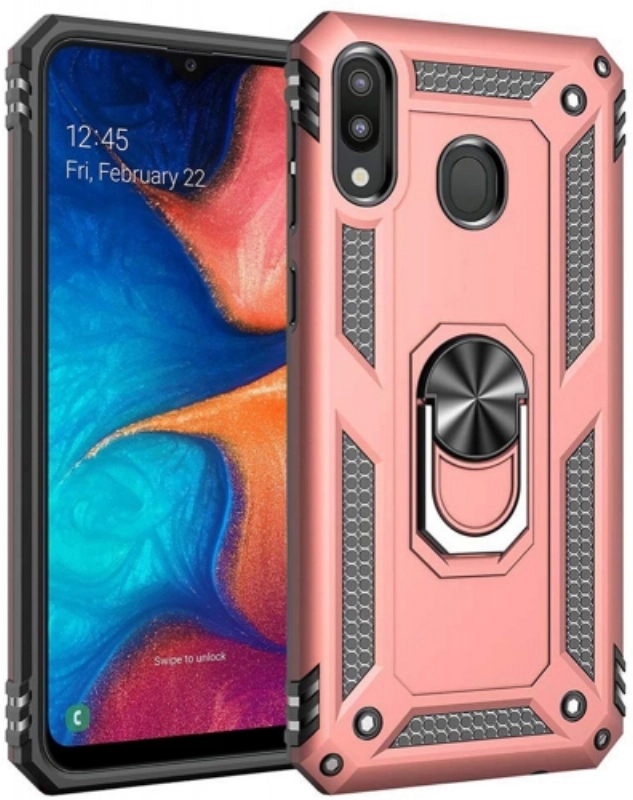 Samsung Galaxy M10s Kılıf Silikon Zırhlı Standlı Yüzüklü Mıknatıslı Tank Kapak - Rose Gold