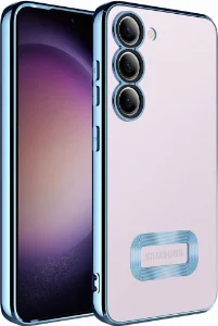 Samsung Galaxy M14 Kılıf Kamera Lens Korumalı Şeffaf Renkli Logo Gösteren Parlak Kapak - Mavi