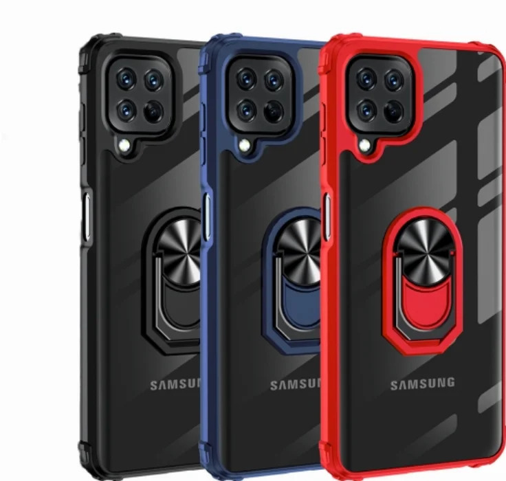 Samsung Galaxy M22 Kılıf Standlı Arkası Şeffaf Kenarları Airbag Kapak - Kırmızı