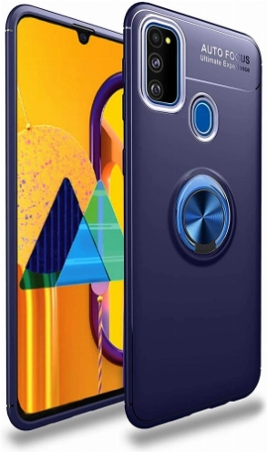 Samsung Galaxy M30s Kılıf Renkli Silikon Yüzüklü Standlı Auto Focus Ravel Kapak - Mavi