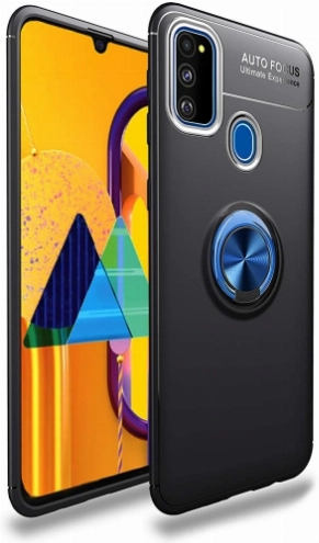 Samsung Galaxy M30s Kılıf Renkli Silikon Yüzüklü Standlı Auto Focus Ravel Kapak - Mavi - Siyah