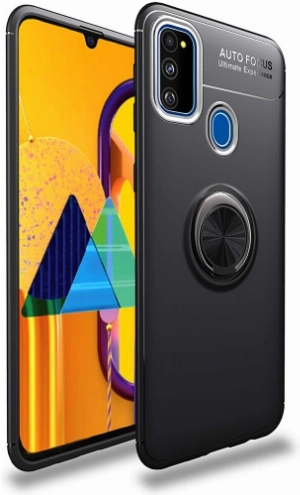 Samsung Galaxy M30s Kılıf Renkli Silikon Yüzüklü Standlı Auto Focus Ravel Kapak - Siyah