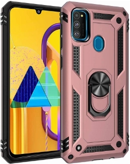 Samsung Galaxy M30s Kılıf Silikon Zırhlı Standlı Yüzüklü Mıknatıslı Tank Kapak - Rose Gold